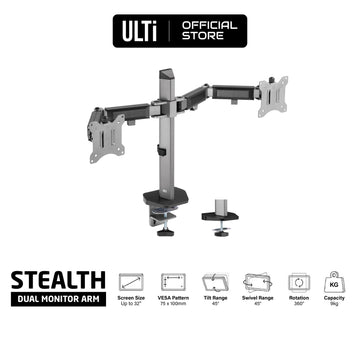 ULTi Stealth Dual Monitor Desk Mount Stand, Articulating Full Motion Monitor Arms, Supports 9kg, 32 inch VESA Screen