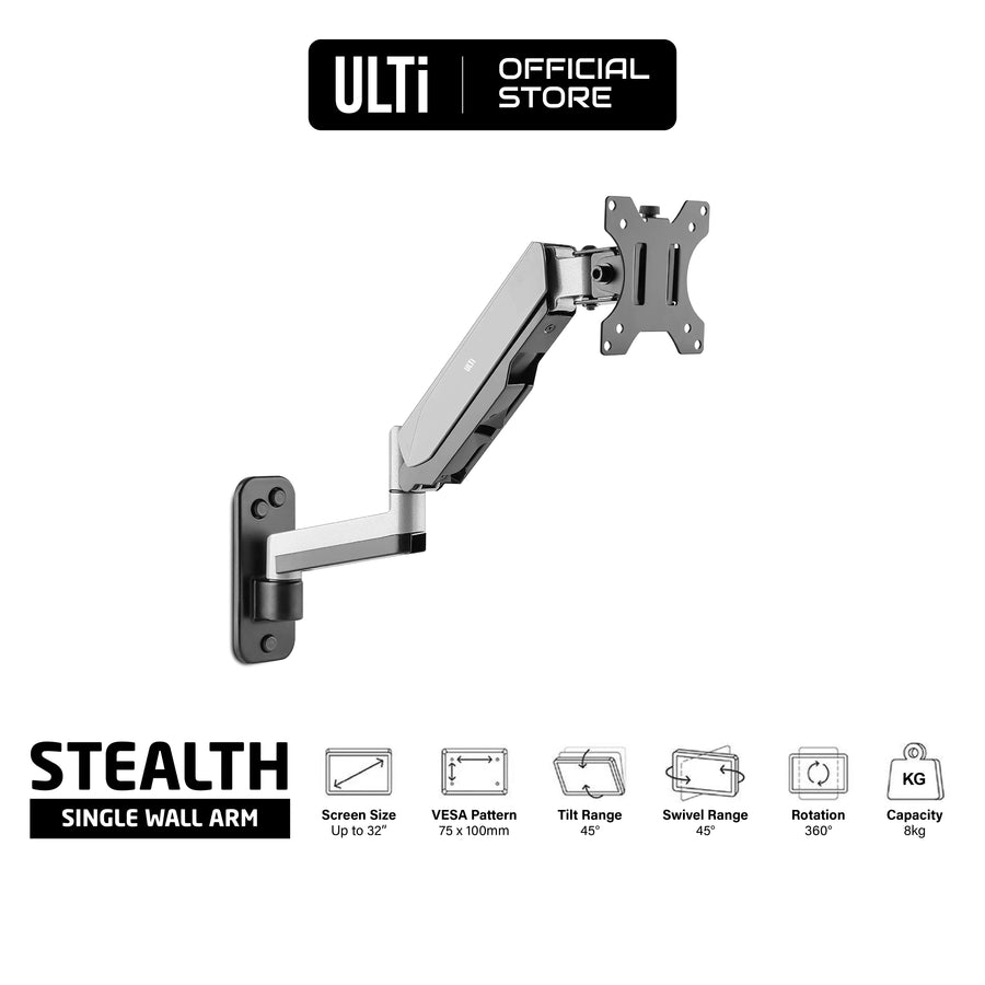 ULTi Stealth Monitor Wall Mount, Gas Spring Built-in Full Motion Arm for Flat & Curved Screen, VESA, Cable Management, up to 32'
