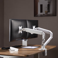 ULTi Arctic Dual Monitor Mount with Laptop Tray, Pneumatic Spring Arm, Clamp-on Desk Mount Stand for 27" Screen - White