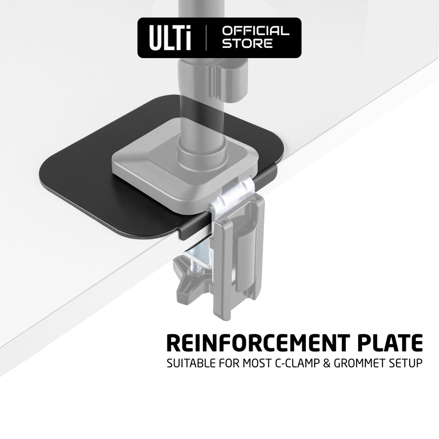 ULTi Steel Reinforcement Bracket Mount Plate for Thin, Glass, Wood, Fragile Table Tops, Monitor Stand C-Clamp & Grommet