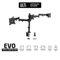 ULTi EVO Triple Monitor Arm, 3 Screen Desk Mount Stand For Computer Monitors, 21, 24, 27 Inch Screens, VESA, Clamp & Grommet