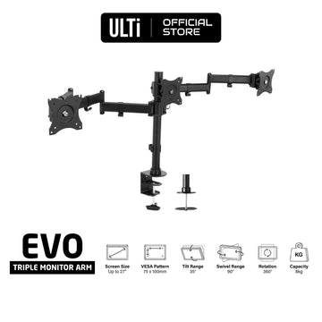 ULTi EVO Triple Monitor Arm, 3 Screen Desk Mount Stand For Computer Monitors, 21, 24, 27 Inch Screens, VESA, Clamp & Grommet