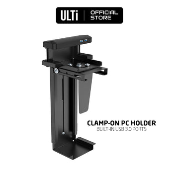 ULTi Clamp-On PC Holder with USB 3.0 Ports - No Drilling Required - Wall Mountable [Patented Design]