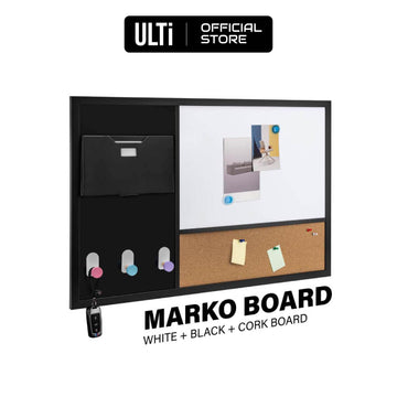 ULTi Marko Board - Whiteboard, Blackboard & Bulletin Cork Board - Wall Mounted, Magnetic w/ Mail Holder & Hook Organizer