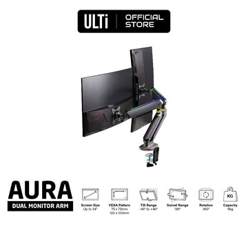 ULTi AURA RGB Dual Monitor Arm - Compatible with most 34 inch Monitors: VESA 75x75mm & 100x100mm