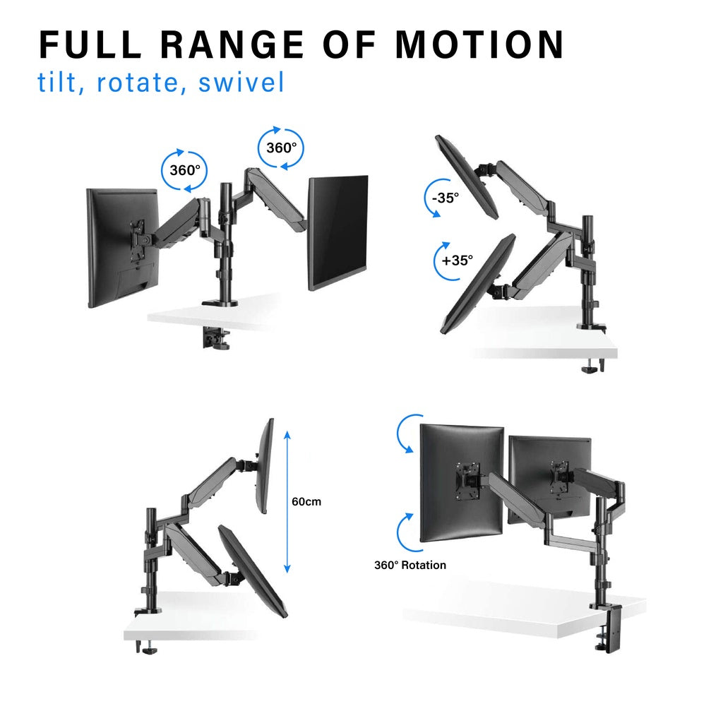 ULTi Aero Dual Gas Spring Monitor Arm - Monitor Desk Mount with Pole for 32 Inch Flat & Curve Monitors - VESA Compatible