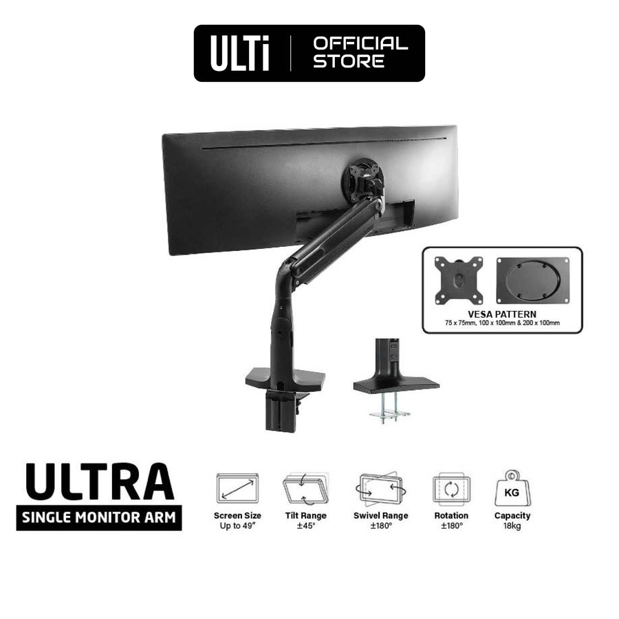 ULTi Ultra Monitor Arm - Fits up to 18kg & 49 inch Ultrawide Monitor, Clamp-on Desk Stand w/ USB Ports & VESA 200x100mm