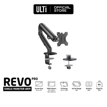 ULTi Revo Pro [Black Edition] Single Monitor Arm | Fits most 32 inch Screens | VESA Compatible