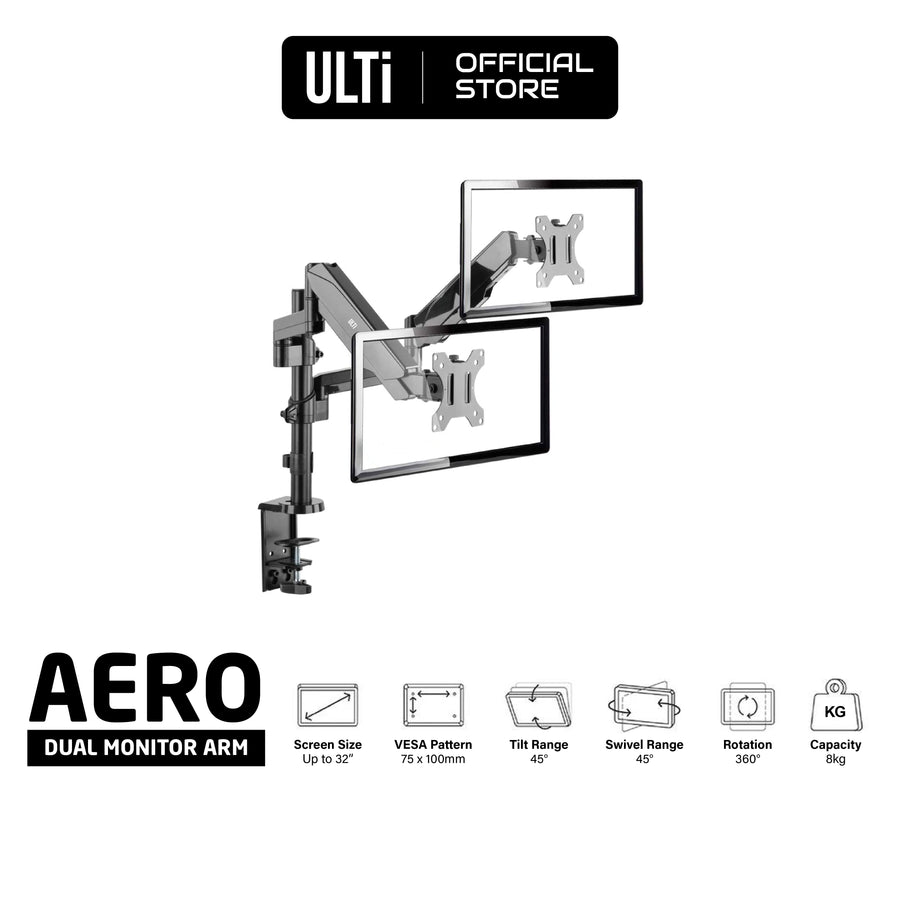 ULTi Aero Dual Gas Spring Monitor Arm - Monitor Desk Mount with Pole for 32 Inch Flat & Curve Monitors - VESA Compatible