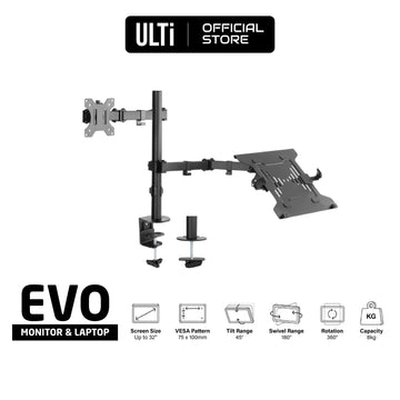 ULTi Evo Full Motion Monitor and Laptop Desk Mount, Articulating Double Center Arm Joint, VESA Stand, Fits up to 32" Screen