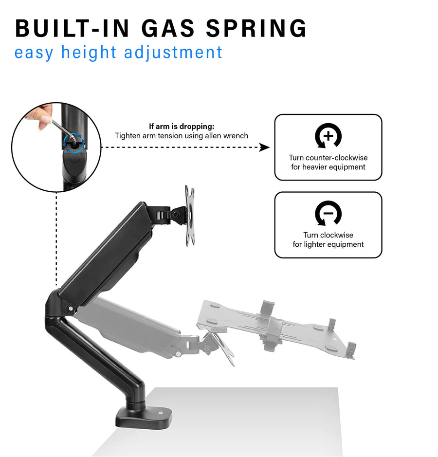 ULTi 2-in-1 Verge Gas Spring Monitor, Laptop Arm, Desk Mount, Full Motion Swivel, VESA Stand with C Clamp & Grommet, Up to 32'