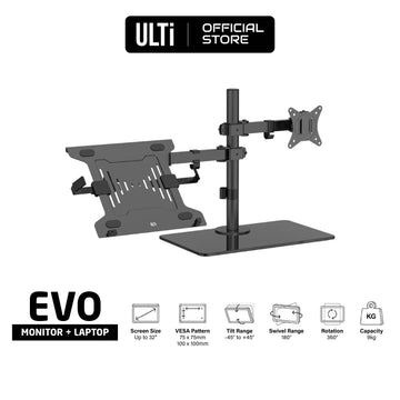 ULTi EVO Dual Monitor Arm Stand with Freestanding Base & Laptop Tray