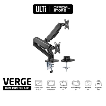 ULTi Verge Dual Gas Spring Monitor Desk Mount, Full Motion Swivel Arm, VESA Stand w/ C Clamp & Grommet, up to 32" Screen, 9kg