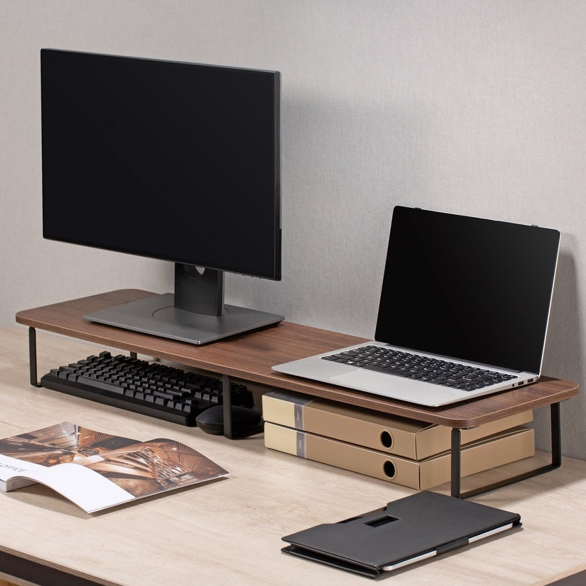 ULTi Teak Wood & Steel Monitor Riser Stand | Ergonomic Design | Walnut Desk Organizer | Elevate Monitor & Laptop