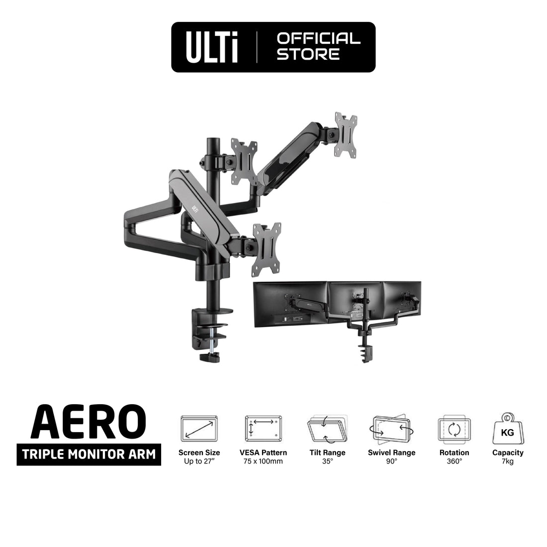ULTi Aero Triple Monitor Mount, 3-in-1 Adjustable Gas Spring Pole Arm Desk Stand, Monitor Arm for 17-27&