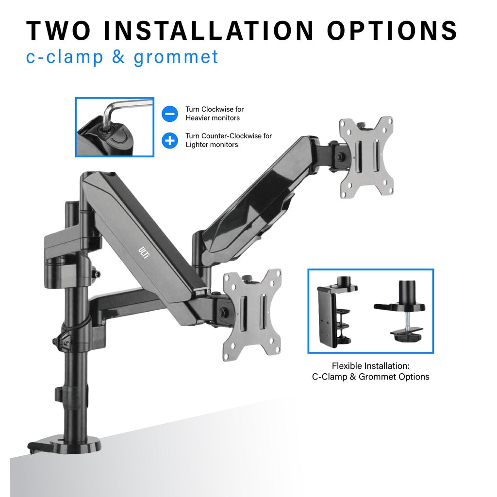 ULTi Aero Dual Gas Spring Monitor Arm - Monitor Desk Mount with Pole for 32 Inch Flat & Curve Monitors - VESA Compatible