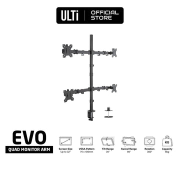 ULTi Evo Quad Monitor Mount Desk Stand, Height Adjustable & Ergonomic, Fits 4 Screens, VESA, Clamp-on & Grommet Compatible
