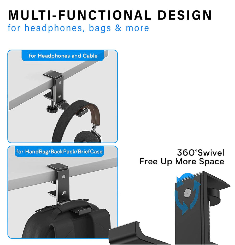 ULTi Headphone Stand, Foldable Design, Aluminum Hanger, Headset Holder with 360° Swivel Ball Plunger - Improved Design