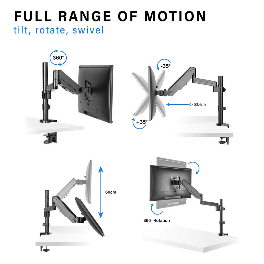 ULTi Aero Gas Spring Monitor Arm - Monitor Desk Mount with Pole for 32 Inch Flat & Curve Monitors - VESA Compatible