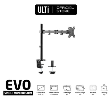 ULTi Evo Single 13 to 32 inch LCD Monitor Desk Mount Stand, Fully Adjustable, Tilt, Articulating / Holds 1 Screen