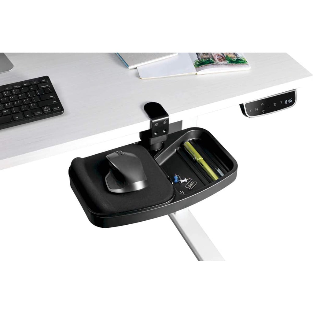 ULTi Clamp-on Storage Tray, Under Desk Drawer with Mouse Pad & Wrist Rest, Office Desk Organizer - Stash & Swivel Design