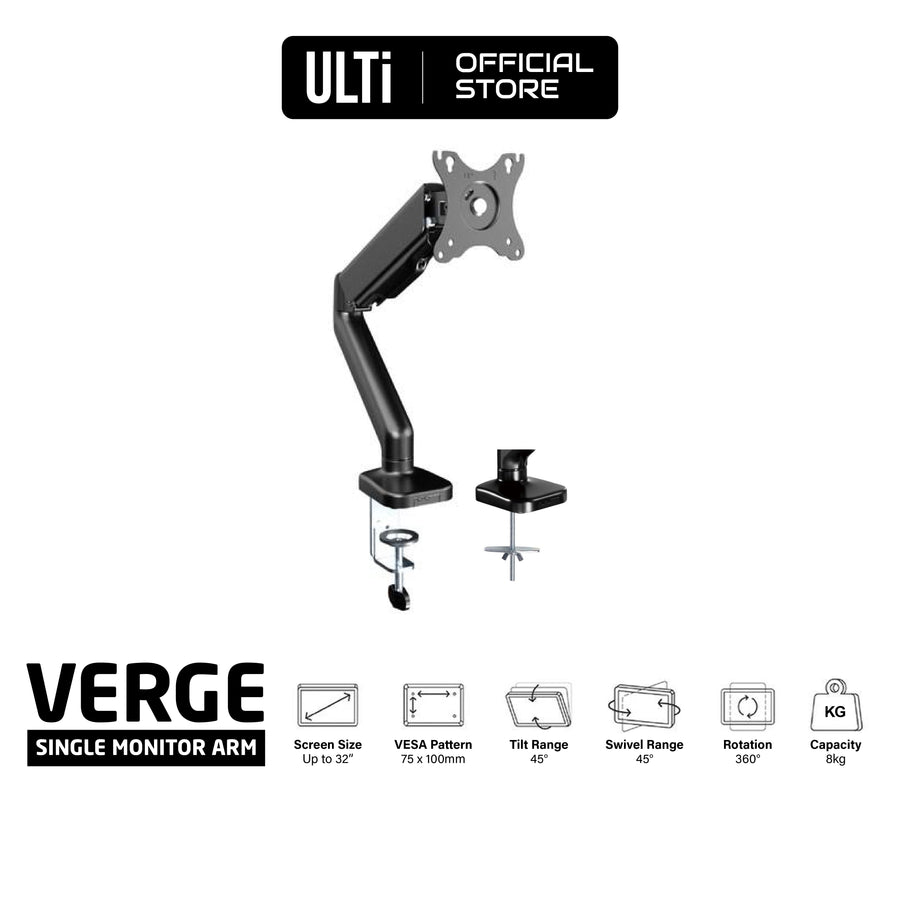 ULTi Verge Gas Spring Monitor Desk Mount, Full Motion Swivel Monitor Arm, VESA Stand with C Clamp, Grommet Mounting, Up to 32'