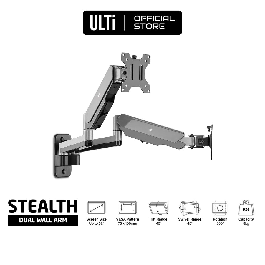 ULTi Stealth Dual Monitor Wall Mount, Gas Spring Built-in Full Motion Arm for Flat & Curved Screens, VESA, Cable Management, 32'