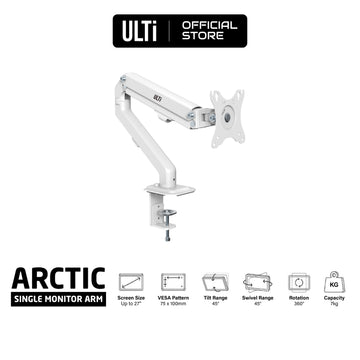 ULTi Arctic Single Monitor Mount, Pneumatic Spring Arm, Clamp-on Desk Mount Stand for 27" Screen - White