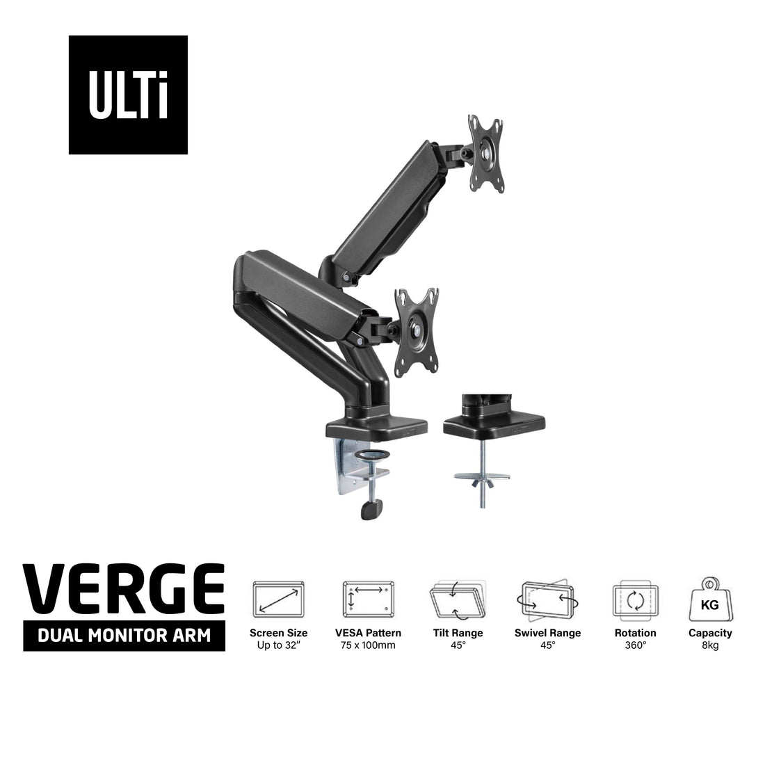 ULTi Verge Dual Gas Spring Monitor Desk Mount, Full Motion Swivel Arm, VESA Stand w/ C Clamp & Grommet, up to 32" Screen, 9kg