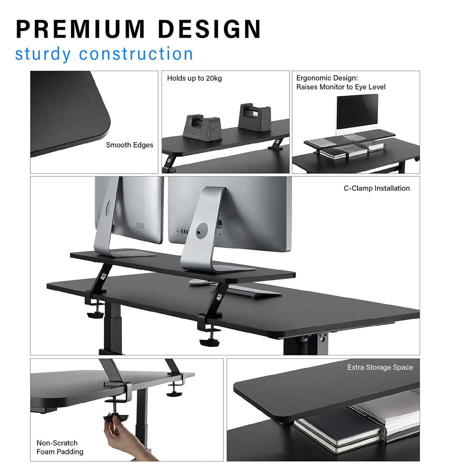 ULTi Clamp-On Monitor Riser & Laptop Stand Shelf for Sit Stand Desk Table, Supports Dual 32" Monitors - 2 Sizes:100 x 26cm (Standard) / 65.5cm x 26cm (Mini)