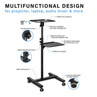 ULTi Projector & Laptop Stand, Rolling Cart w/ Ventilated Tray, Height & Tilt Adjustable, Presentation Trolley w Casters