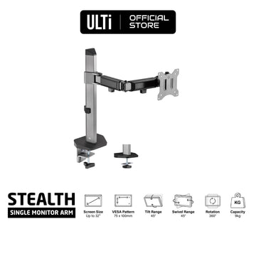 ULTi Stealth Premium Single Monitor Desk Mount Stand, Articulating Full Motion Monitor Arm, Supports 9kg, 32 inch VESA Screen