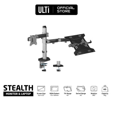 ULTi Stealth Premium Full Motion Monitor and Laptop Desk Mount, Articulating Double Center Arm Joint, VESA Stand, Fits up to 32"